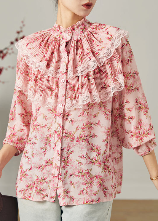 Handgemachtes rosa doppellagiges Chiffon-Top mit Print für den Sommer