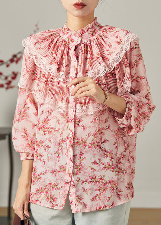 Handgemachtes rosa doppellagiges Chiffon-Top mit Print für den Sommer