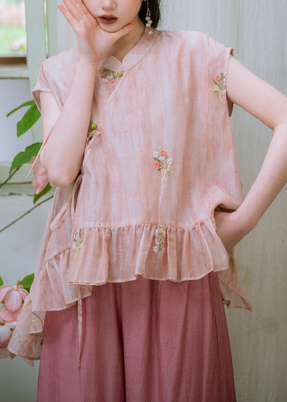 Handmade Pink Embroidered Asymmetrical Shirts And Wide Leg Pants Two Pieces Set Summer