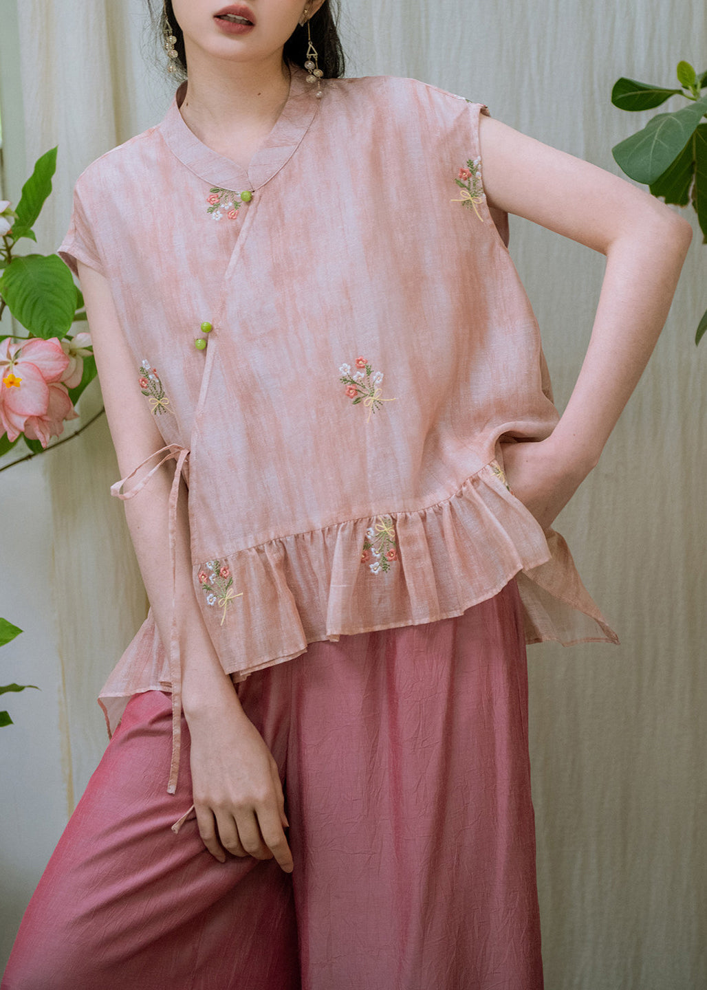 Handmade Pink Embroidered Asymmetrical Shirts And Wide Leg Pants Two Pieces Set Summer