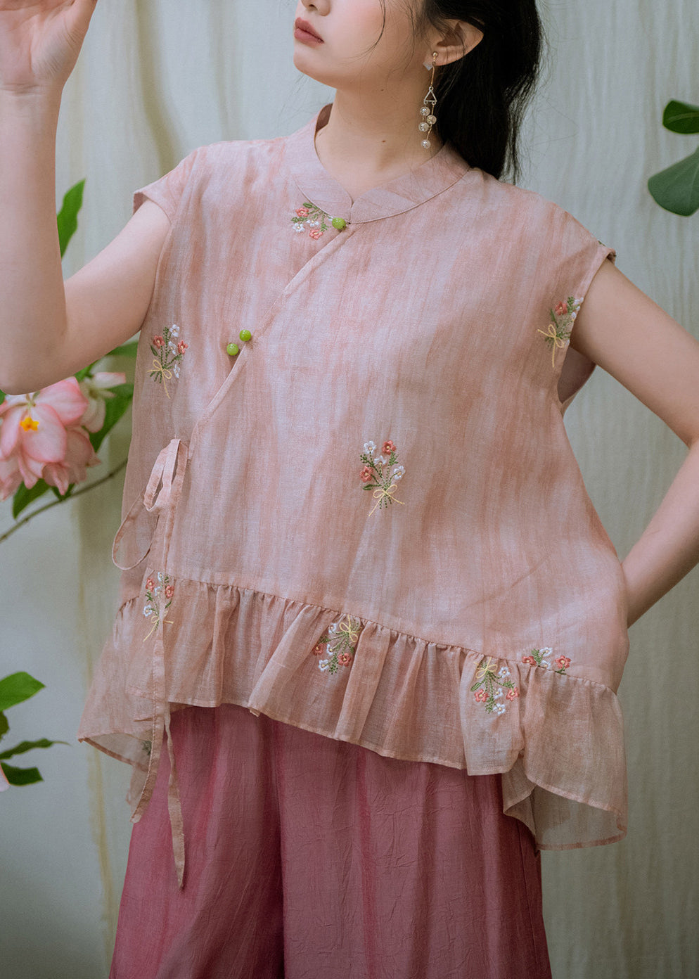 Handmade Pink Embroidered Asymmetrical Shirts And Wide Leg Pants Two Pieces Set Summer