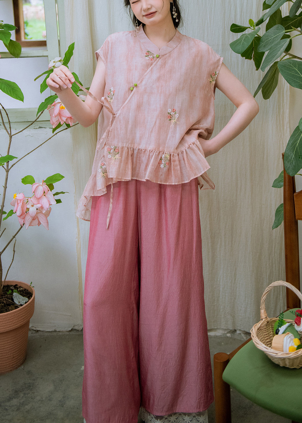 Handmade Pink Embroidered Asymmetrical Shirts And Wide Leg Pants Two Pieces Set Summer