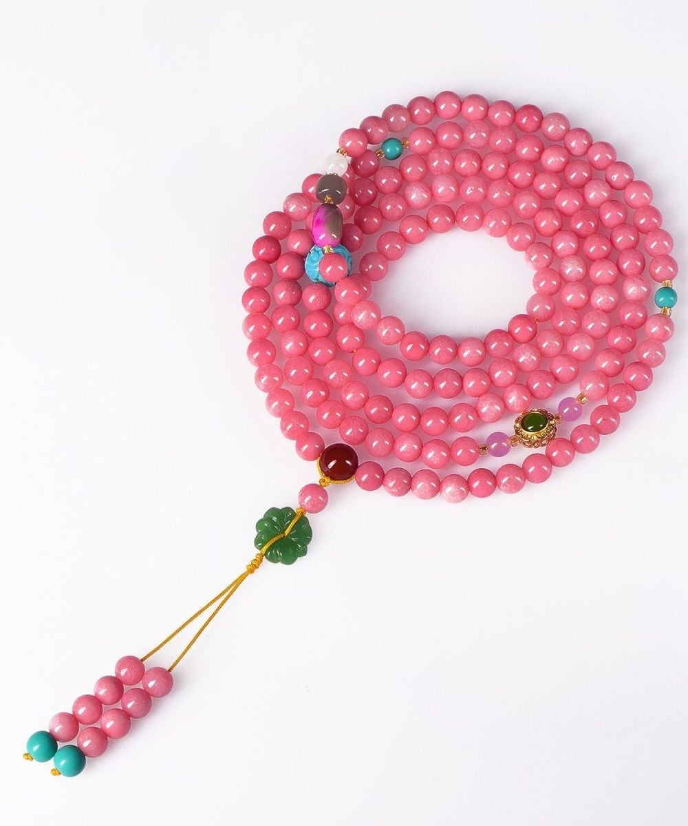 Handgemachte Halskette mit Quastenanhänger aus rosa Jade-Achat