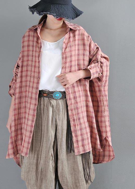 Handmade Pink Plaid Peter Pan Collar Cotton Shirts Summer - SooLinen