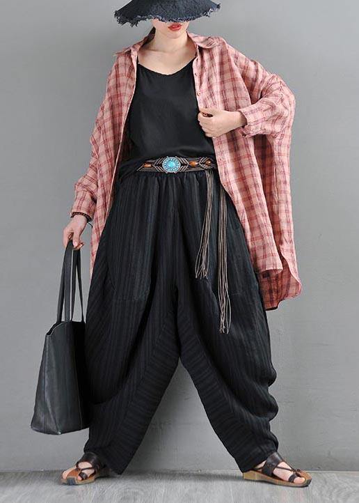 Handmade Pink Plaid Peter Pan Collar Cotton Shirts Summer - SooLinen