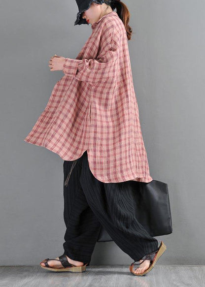 Handmade Pink Plaid Peter Pan Collar Cotton Shirts Summer - SooLinen