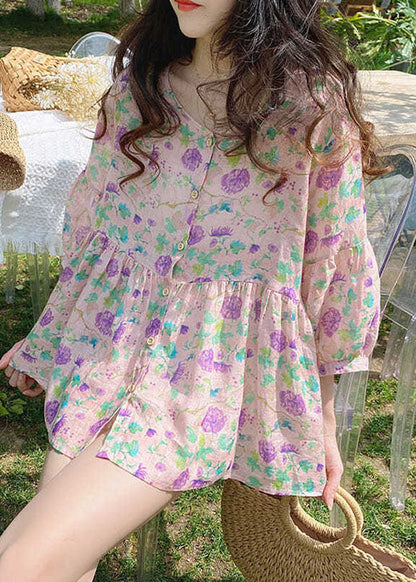 Handgemachte rosa bedruckte Baumwollblusen mit halben Ärmeln