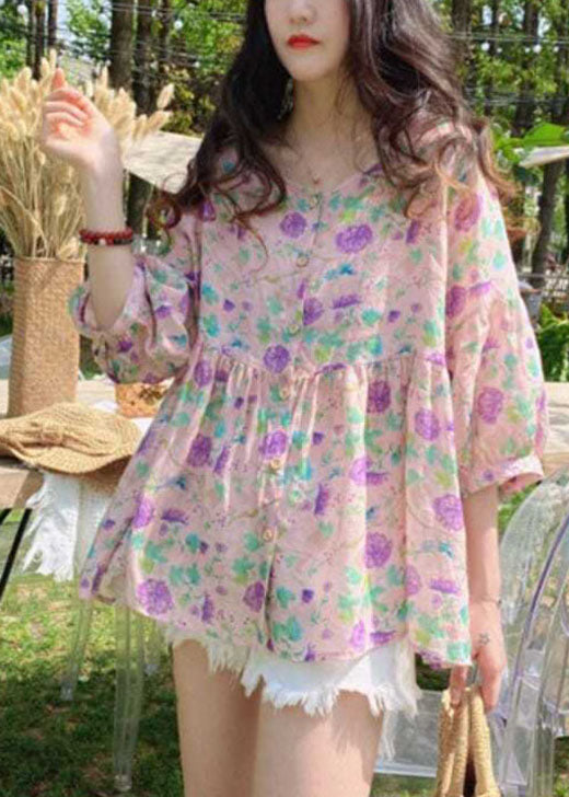 Handgemachte rosa bedruckte Baumwollblusen mit halben Ärmeln