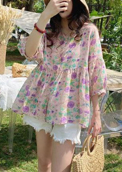 Handgemachte rosa bedruckte Baumwollblusen mit halben Ärmeln