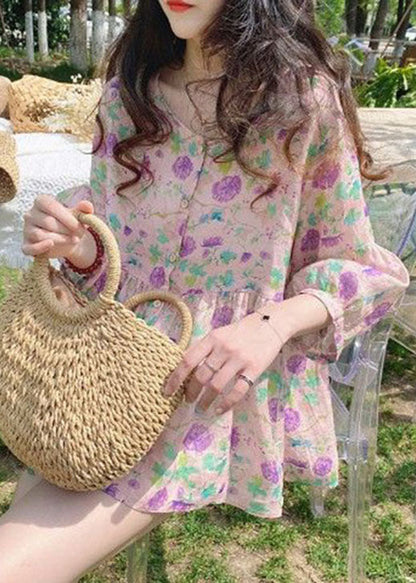 Handgemachte rosa bedruckte Baumwollblusen mit halben Ärmeln