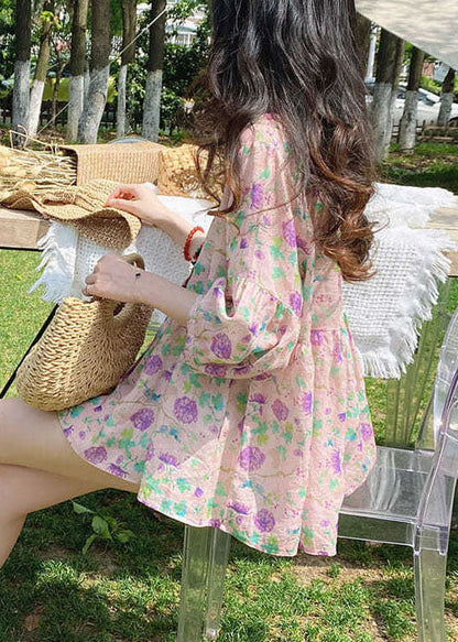 Handgemachte rosa bedruckte Baumwollblusen mit halben Ärmeln