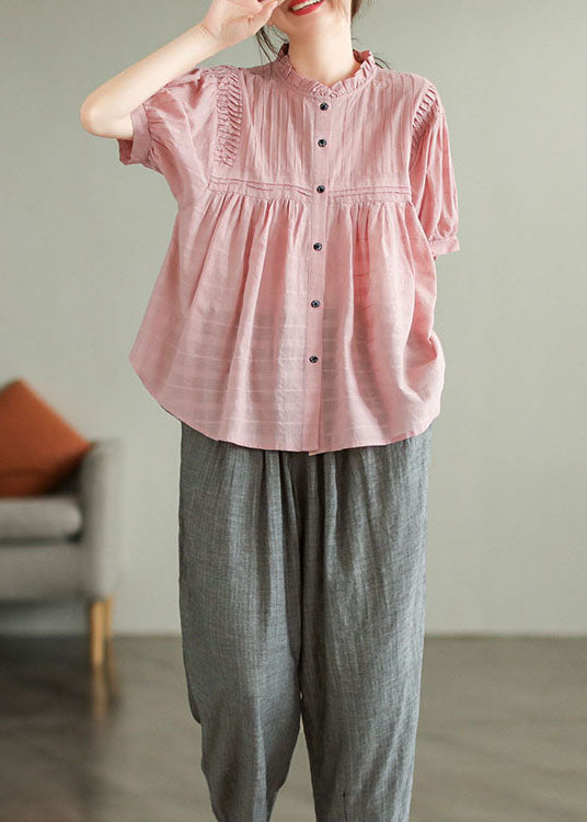 Blusa de algodón con botones y volantes rosas, hecha a mano, de verano