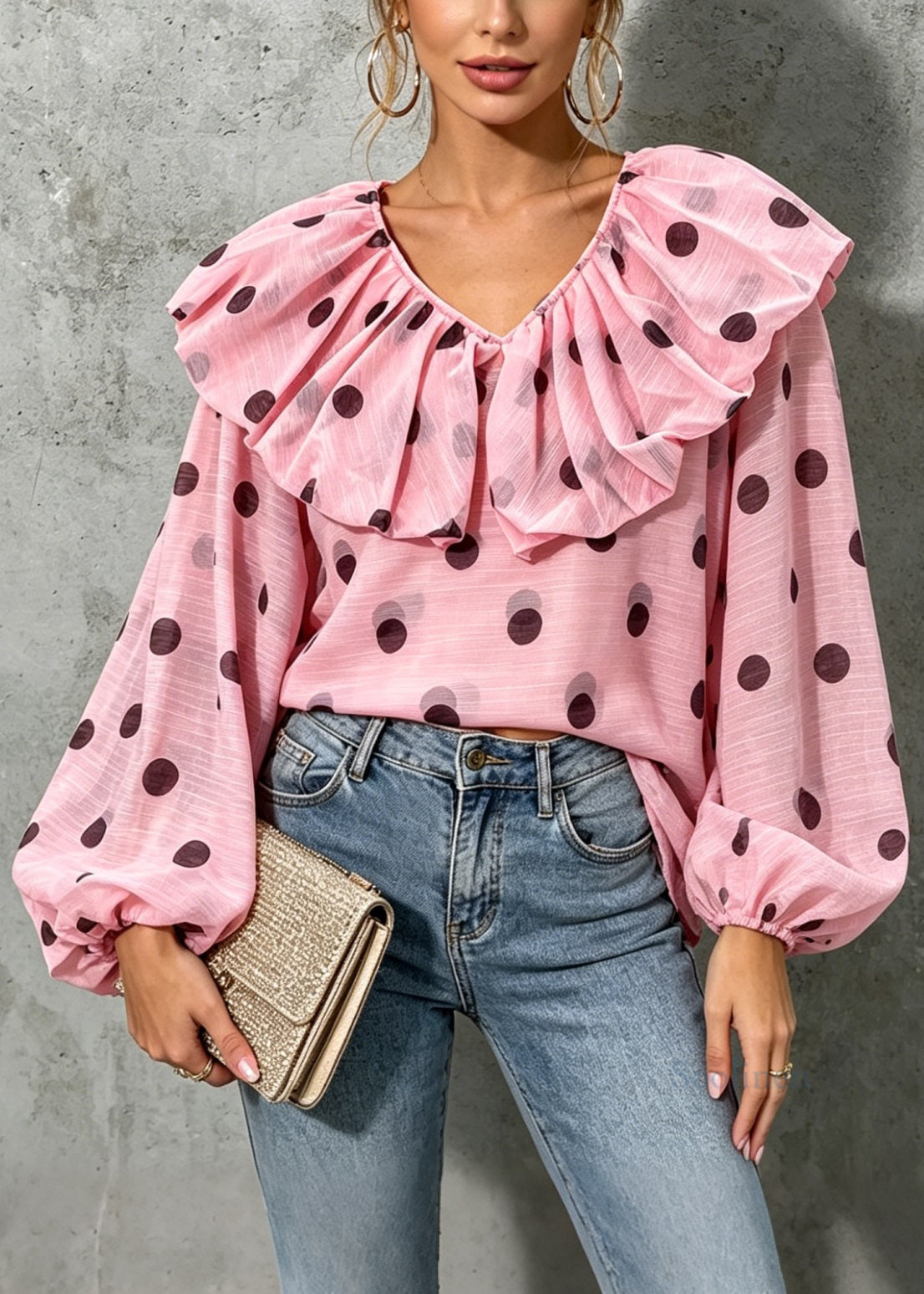 Handmade Pink Ruffled Dot Puff Lantern Sleeve Chiffon Shirts