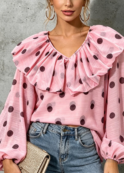 Handmade Pink Ruffled Dot Puff Lantern Sleeve Chiffon Shirts
