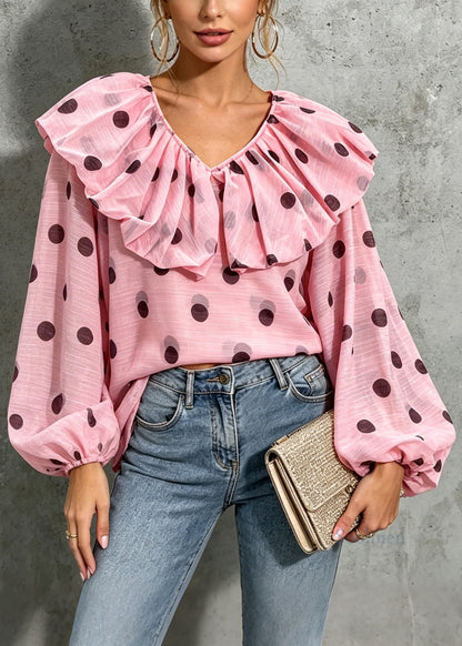 Handmade Pink Ruffled Dot Puff Lantern Sleeve Chiffon Shirts