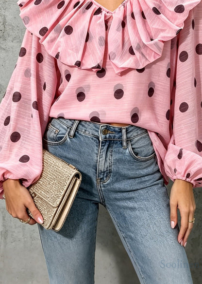 Handmade Pink Ruffled Dot Puff Lantern Sleeve Chiffon Shirts