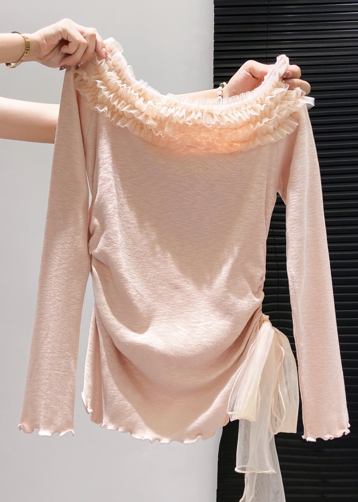 Handgefertigte rosa Rüschen-Patchwork-Baumwolltops für den Frühling