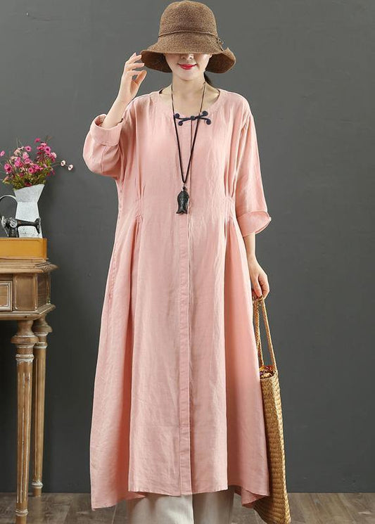 Handmade Pink Tunic Top O Neck Patchwork Maxi Spring Dresses - SooLinen