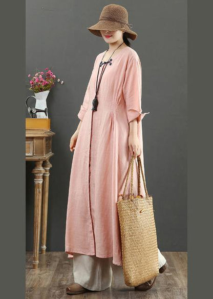 Handmade Pink Tunic Top O Neck Patchwork Maxi Spring Dresses - SooLinen