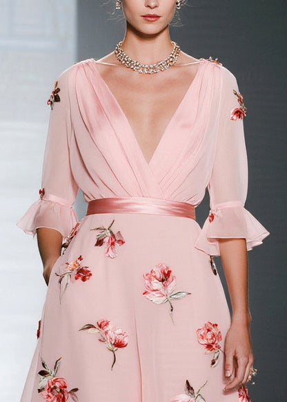 Handmade Pink V Neck Floral Chiffon Party Dresses Flare Sleeve