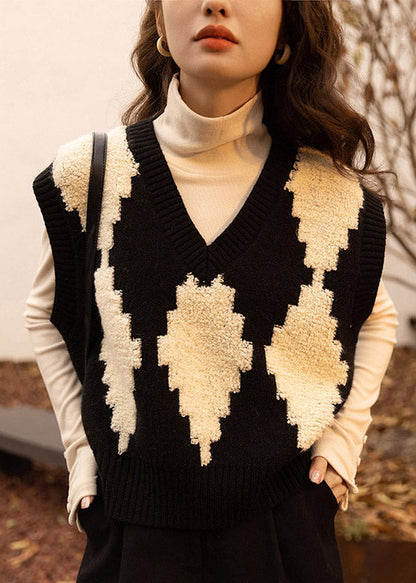 Handmade Pink V Neck Jacquard Knit Vest Sleeveless