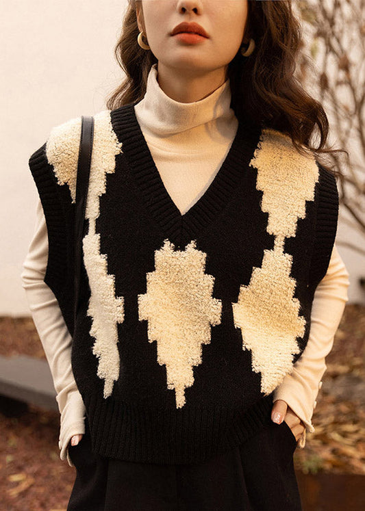 Handmade Pink V Neck Jacquard Knit Vest Sleeveless