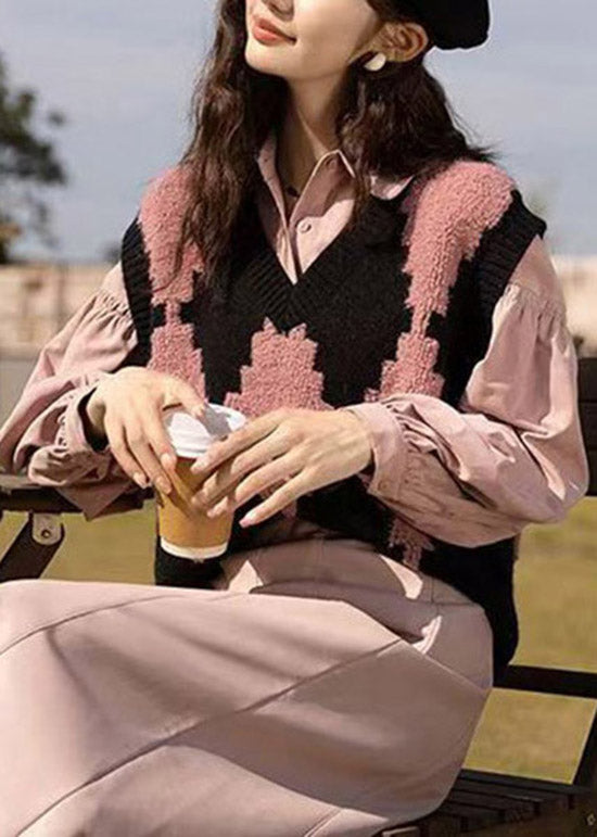 Handmade Pink V Neck Jacquard Knit Vest Sleeveless