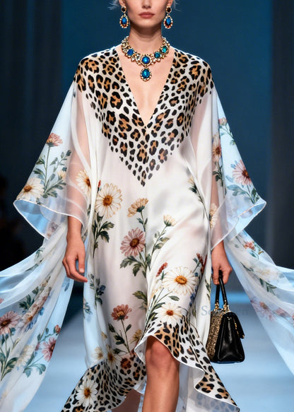 Handmade Print V Neck Asymmetrical Patchwork Chiffon Maxi Dress Summer