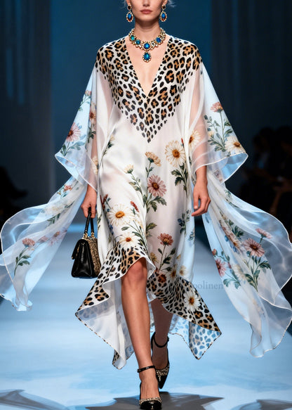 Handmade Print V Neck Asymmetrical Patchwork Chiffon Maxi Dress Summer