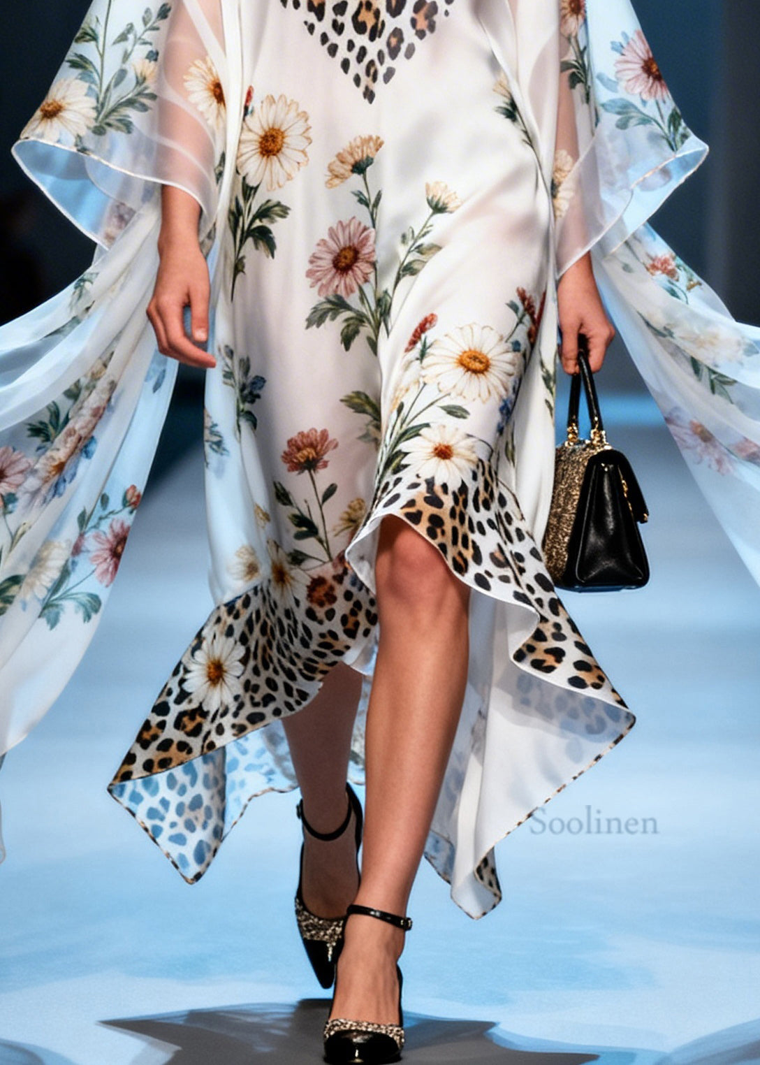 Handmade Print V Neck Asymmetrical Patchwork Chiffon Maxi Dress Summer