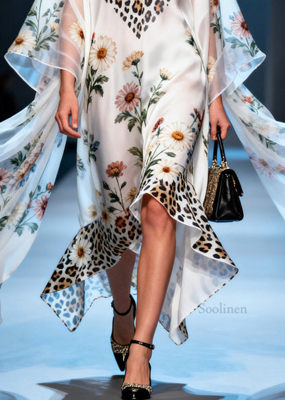 Handmade Print V Neck Asymmetrical Patchwork Chiffon Maxi Dress Summer