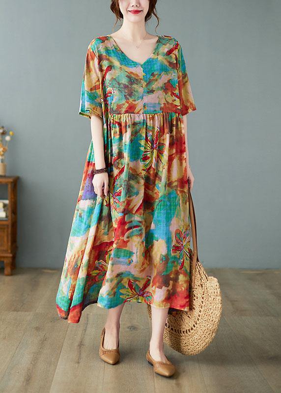 Handmade Print V Neck Patchwork Pockets Summer Long Dresses Half Sleeve - SooLinen