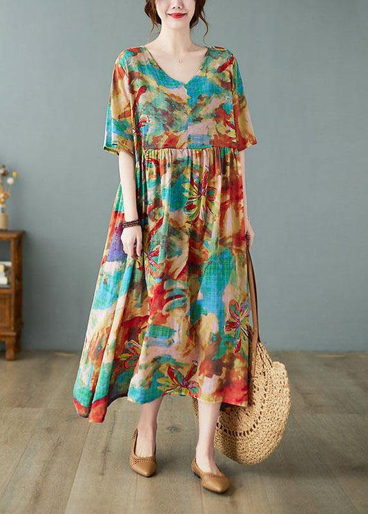 Handmade Print V Neck Patchwork Pockets Summer Long Dresses Half Sleeve - SooLinen