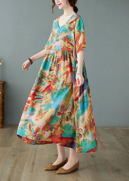 Handmade Print V Neck Patchwork Pockets Summer Long Dresses Half Sleeve - SooLinen