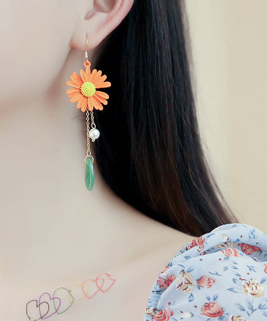 Handmade Purple Alloy Inlaid Jade Little Daisy Drop Earrings