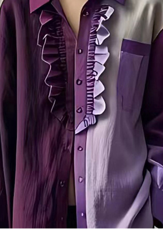 Handgemachtes lila asymmetrisches Leinenhemd mit Rüschen für den Herbst