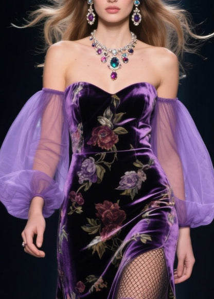 Vestido de primavera hecho a mano de terciopelo de seda y tul con hombros descubiertos en color morado