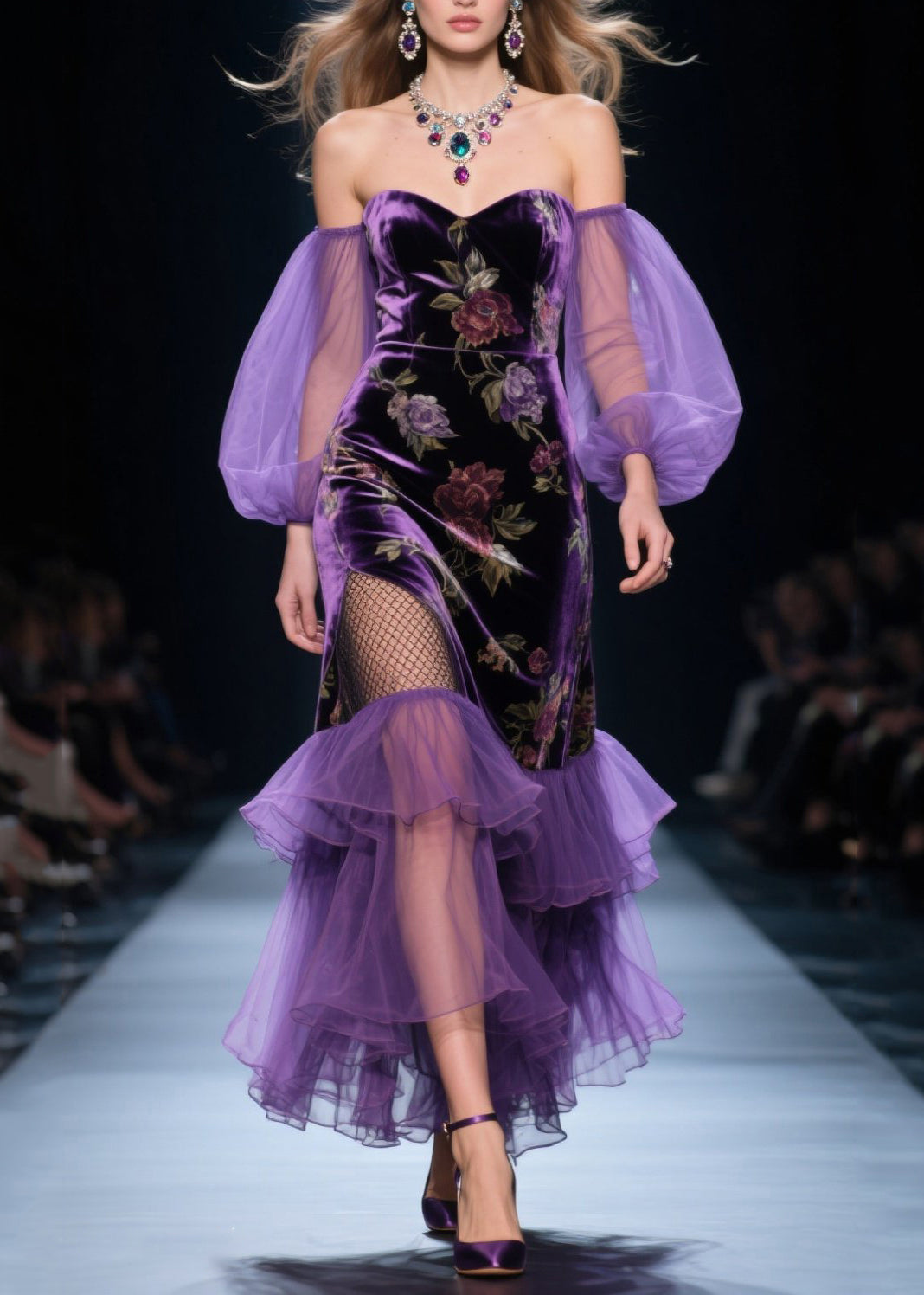 Vestido de primavera hecho a mano de terciopelo de seda y tul con hombros descubiertos en color morado