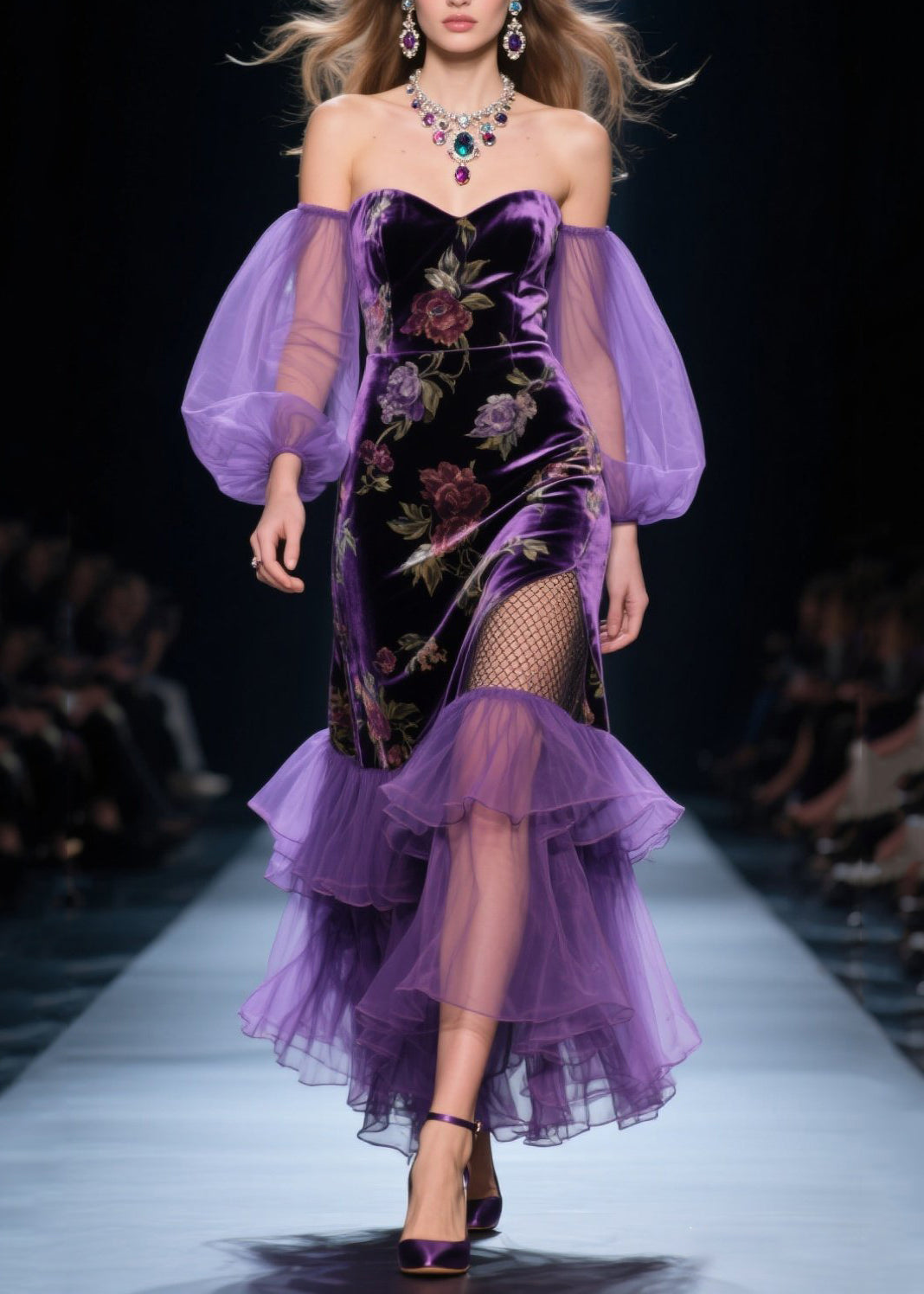 Vestido de primavera hecho a mano de terciopelo de seda y tul con hombros descubiertos en color morado