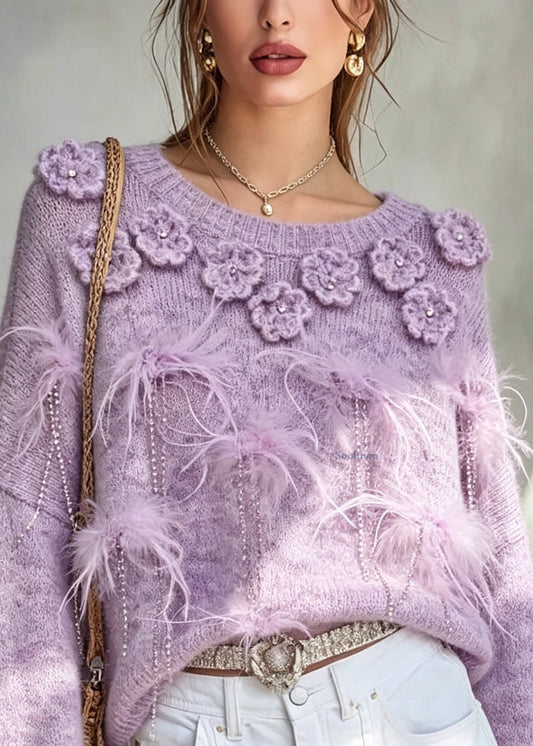 Handmade Purple O-Neck Floral Cotton Knit Sweater Fall
