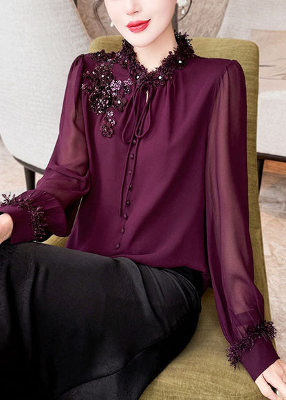 Handmade Purple Sequins Lace Up Chiffon Shirts Spring