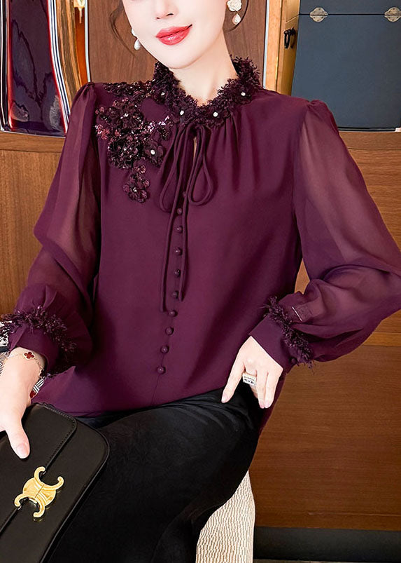 Handmade Purple Sequins Lace Up Chiffon Shirts Spring