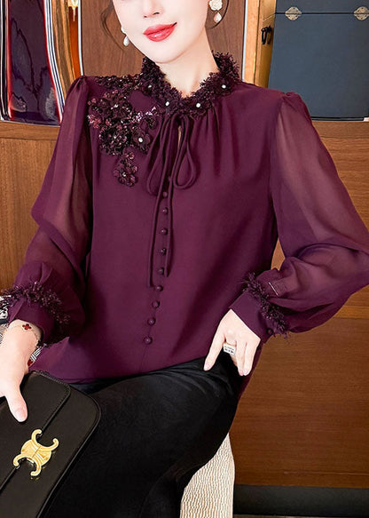 Handmade Purple Sequins Lace Up Chiffon Shirts Spring