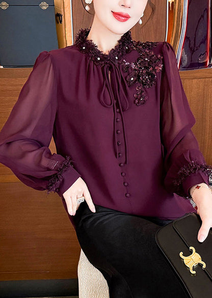 Handmade Purple Sequins Lace Up Chiffon Shirts Spring