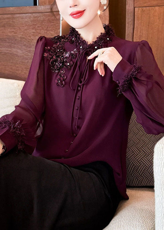 Handmade Purple Sequins Lace Up Chiffon Shirts Spring