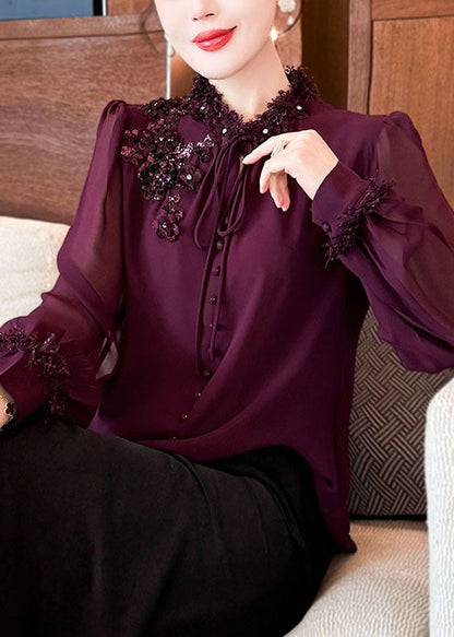 Handmade Purple Sequins Lace Up Chiffon Shirts Spring