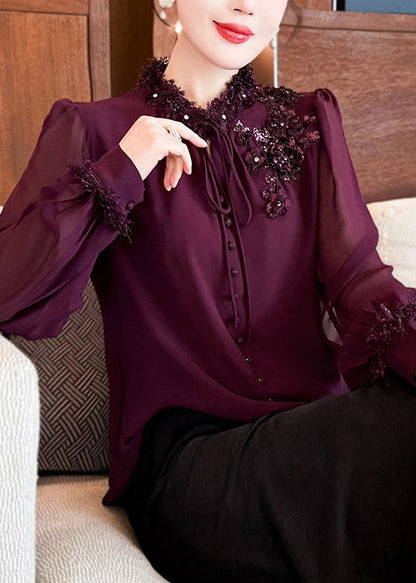 Handmade Purple Sequins Lace Up Chiffon Shirts Spring