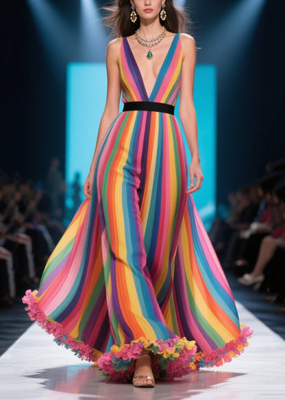 Handmade Rainbow Ruffled Striped Chiffon Maxi Dress Summer