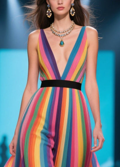 Handmade Rainbow Ruffled Striped Chiffon Maxi Dress Summer