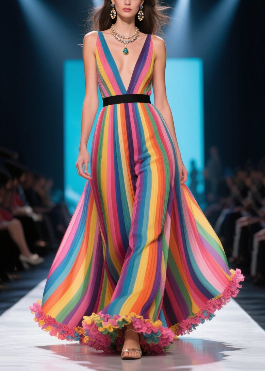 Handmade Rainbow Ruffled Striped Chiffon Maxi Dress Summer